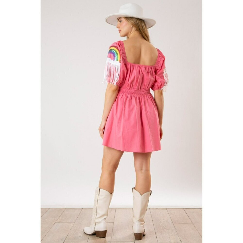 Happiest Day Ever Rainbow Sequin Sleeve Dress in Dark Coral - Picture 10 of 10